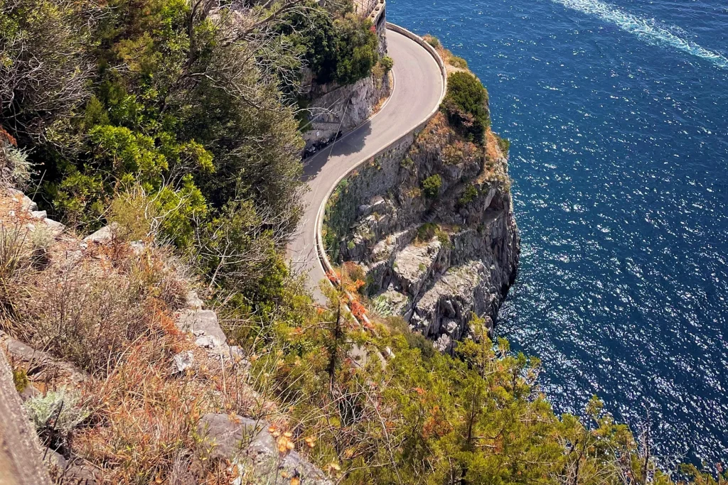 Pine trees on the cliff edge above the sea on the Amalfi Coast
