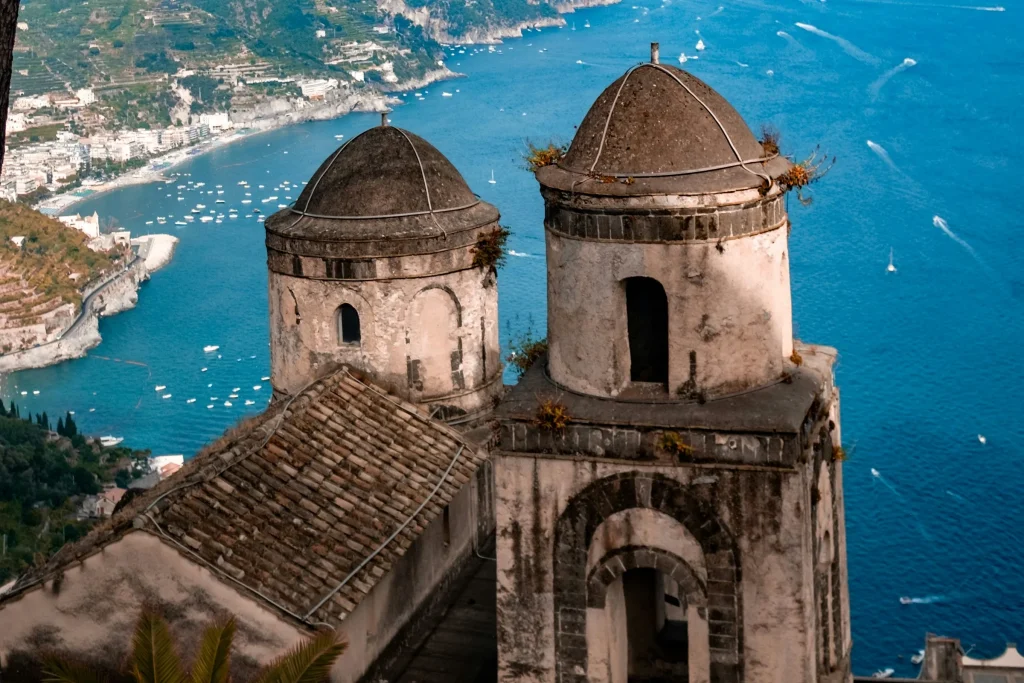 The Amalfi Coast seen from the hillside above Ravello, with the sea below
