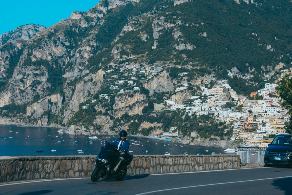 A rider on the coast road above Positano on the Amalfi Coast