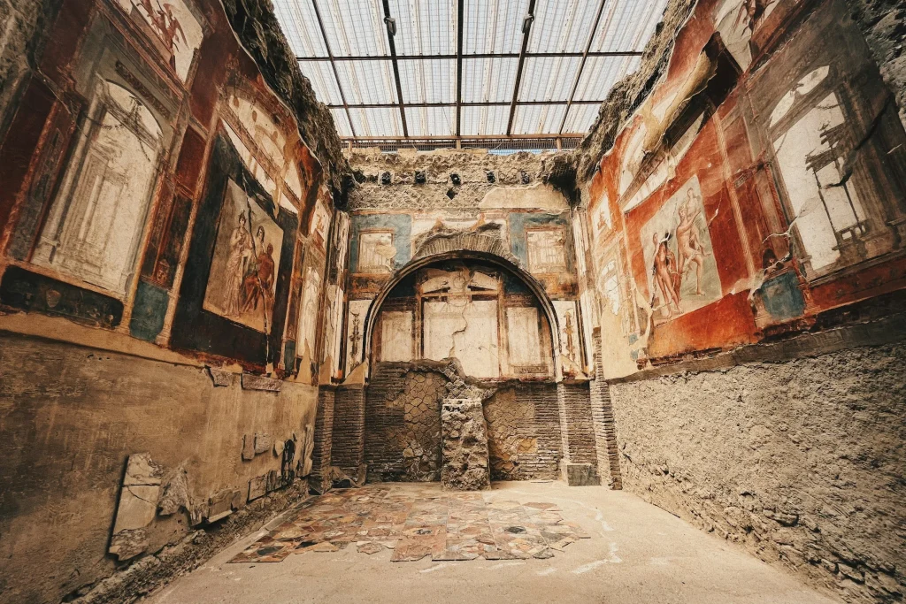 A frescoed room still standing in the excavations of Herculaneum
