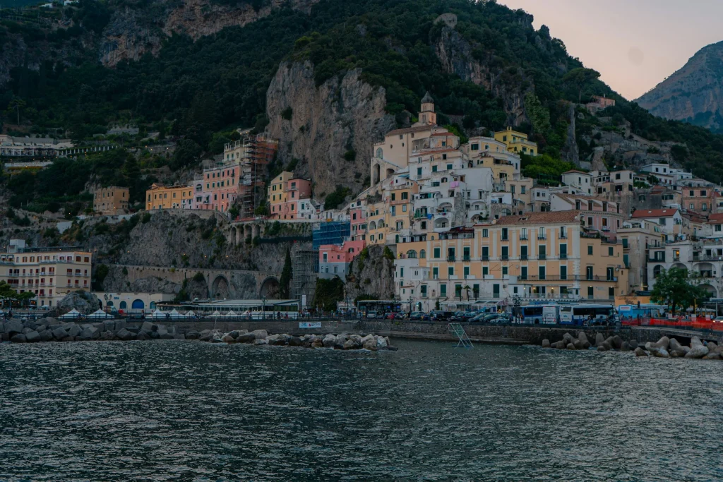 Positano seen from the water with the town rising from the shore
