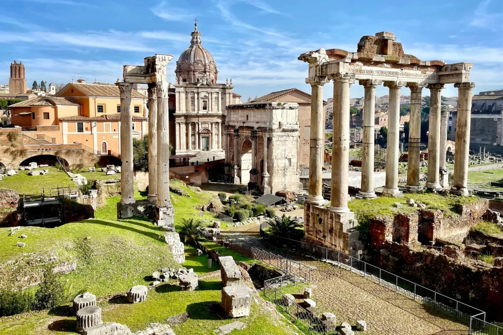 The columns of the Roman Forum with the Temple of Saturn in Rome