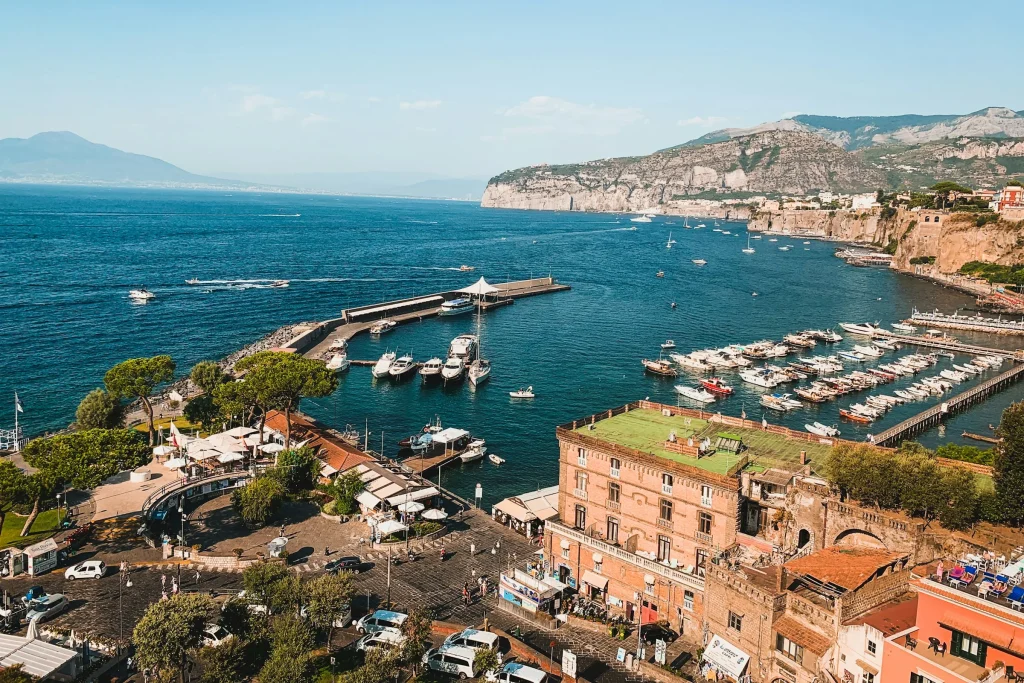 The marina of Sorrento and the town above it seen from the air