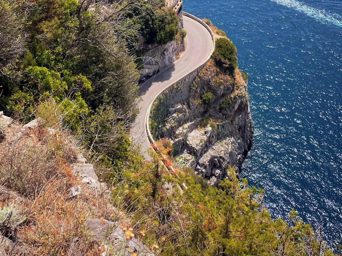 Pine trees on the cliff edge above the sea on the Amalfi Coast