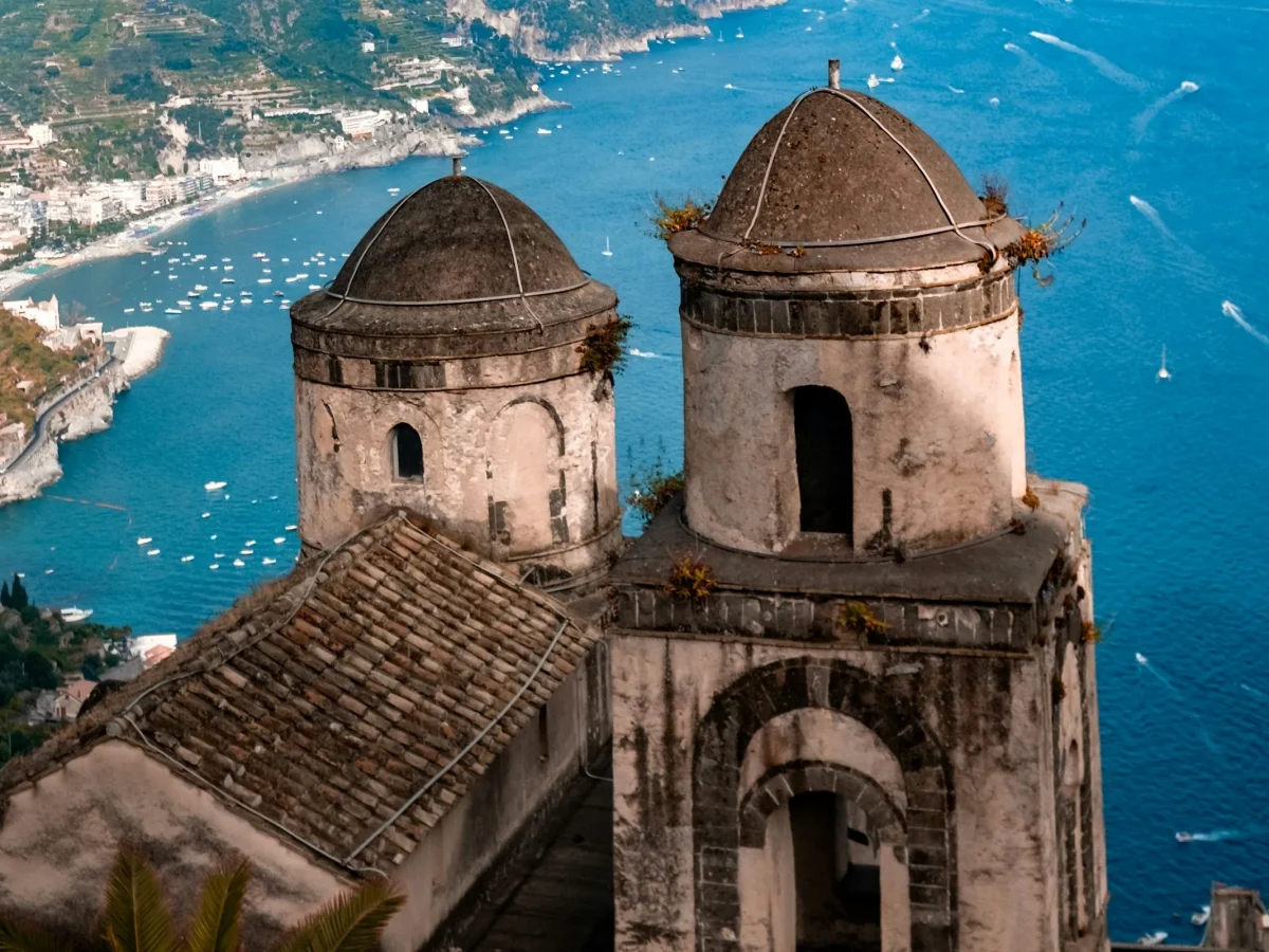 The Amalfi Coast seen from the hillside above Ravello, with the sea below